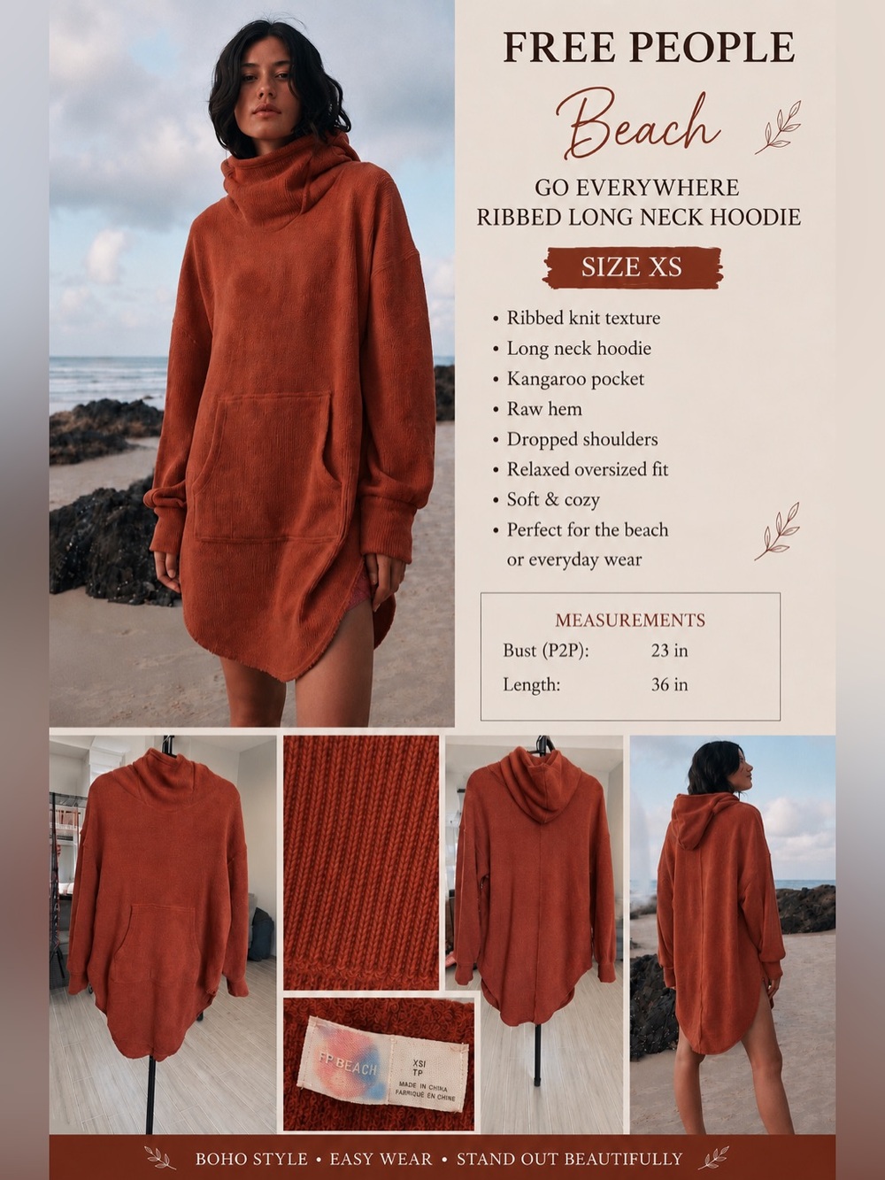 Free People Beach Rust Orange Soft‎ Ribbed Long Neck Oversized Hoodie, XS